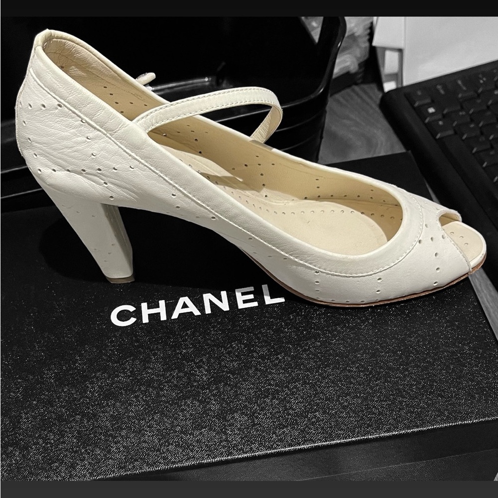 Chanel Cream Peep-Toe Heels